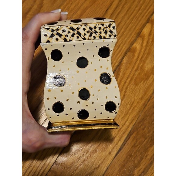 Hand Painted Black, White & Gold Wood 2 Deck Playing Card Holder Canasta Bridge - Picture 6 of 14